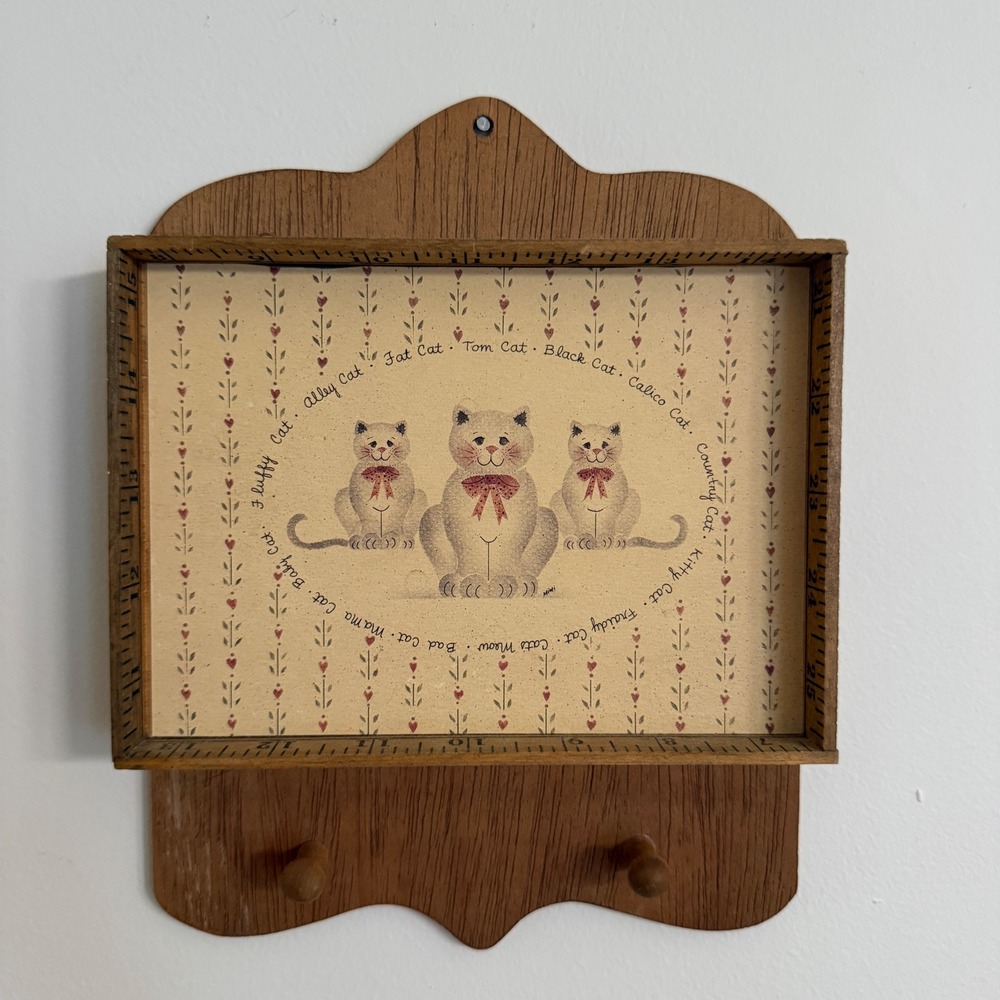 Cat Print Key Wall Holder Organizer Small Brown Wood Folk Art Ruler Decor